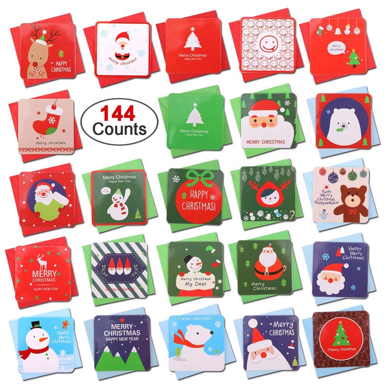 Konsait 144 Count Mini Christmas Cards, Merry Christmas Assorted Greeting Cards Blank Note Cards Xmas Card with Envelopes, Ideal for Kids Gift Box Winter Holiday Christmas Party Favor Supplies - Image 1